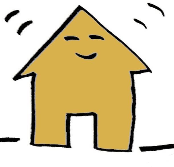 Skizze von Haus, goldfarben mit lachendem Gesicht